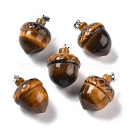 Natural Tiger Eye Pendants, with Rack Plating Brass Findings, Cadmium Free & Lead Free, Real Platinum Plated, Acorns, 29x20~21mm, Clasp: 5x4mm(X-G-M393-01P-03)