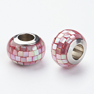 304 Stainless Steel Resin European Beads, with Shell and Enamel, Rondelle, Large Hole Beads, Pale Violet Red, 12x8mm, Hole: 5mm(RPDL-P002-A07)