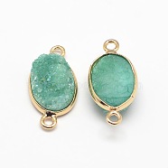 Electroplate Natural Druzy Crystal Links connectors, with Golden Tone Brass Findings, Oval, Dyed, Medium Aquamarine, 23x12x4~8mm, Hole: 2mm(G-A124-03D)