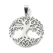 201 Stainless Steel Pendants, Flat Round with Tree of Life Charm, Stainless Steel Color, 35.5x34.5x1.5mm, Hole: 8x4mm(STAS-U003-21B-P)