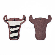 Eco-Friendly Cowhide Leather Big Pendants, with Dyed Wood, Cow's Head, Beige, 55x50x3mm, Hole: 2.5mm(FIND-N049-12-07)