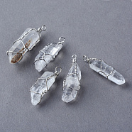 Natural Quartz Crystal Pendants, Rock Crystal, Point Pendants, with Iron Wires, Platinum, 25~32x7~10x7~10mm, Hole: 2mm(G-Q458-33)