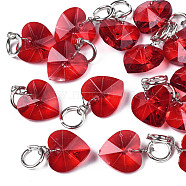 Faceted Transparent Glass Charms, with Iron Jump Ring, Heart, Red, 13~14x10x5~6mm, Hole: 4mm(GLAA-T024-04I)