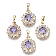 Brass Micro Cubic Zirconia Charms, with Snap on Bails, Flat Round, Light Gold, Lilac, 15x12x5mm, Hole: 6x4mm(KK-N235-032C)
