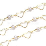 Handmade Brass Link Chains, with Acrylic Imitation Pearl and Spool, Long-Lasting Plated, Soldered, Heart, Golden, Links: 12x20.1x1mm and 18.5x6.7mm(CHC-L039-15G)