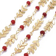 Handmade Brass Cobs Chains, with Faceted Glass Round Beads and Spool, Soldered, Long-Lasting Plated, Real 18K Gold Plated, Red, 7x6x1.6mm, about 32.8 Feet(10m)/roll(CHC-I035-07G-01)
