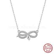 Rhodium Plated 925 Sterling Silver Cable Chain Necklaces, Clear Cubic Zirconia Bowknot Pendant Necklaces, Real Platinum Plated, 18.03 inch(45.8cm)(STER-P065-15P)