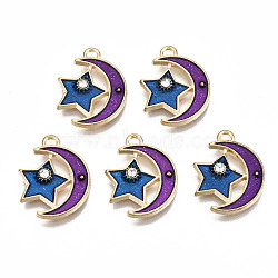 Alloy Enamel Pendants, with Crystal Rhinestone with Glitter Powder, Cadmium Free & Lead Free, Purple Moon with Blue Star, Light Gold, Colorful, 18x14x2mm, Hole: 1.6mm(X-ENAM-S126-007-RS)