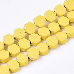 Spray Painted Non-magnetic Synthetic Hematite Beads Strands, Hexagon, Yellow, 4.5x4x2mm, Hole: 1mm, about 90pcs/strand, 15.7 inch(G-T116-03A-24)