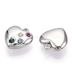 304 Stainless Steel Charms, Manual Polishing, with Rhinestone, Heart Charms, Stainless Steel Color, 14x13x5mm, Hole: 1.6mm(X-STAS-T064-10P)