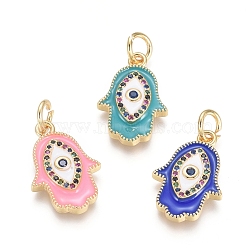 Golden Plated Brass Pendants, with Enamel, Cubic Zirconia and Jump Rings, Hamsa Hand/Hand of Fatima/Hand of Miriam with Evil Eye, Mixed Color, 20x13x3mm, Hole: 4mm(ZIRC-L086-004)