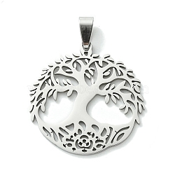 Non-Tarnish 201 Stainless Steel Pendants, Flat Round with Tree of Life Charm, Stainless Steel Color, 35.5x34.5x1.5mm, Hole: 8x4mm(STAS-U003-21B-P)