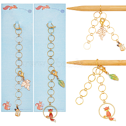 Brass Ring Knitting Row Counter Chains, with Alloy Enamel Fox & Leaf Charm, Golden, 16~17.5cm, 2pcs/set(HJEW-NB00135)