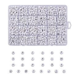 Plating Acrylic Beads, Silver Metal Enlaced, Horizontal Hole, Flat Round with Letter, White, Letter A~Z, 1728pcs/box(PACR-X0001-06)