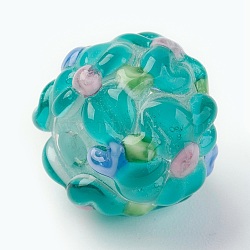 Handmade Lampwork Beads, Rondelle with Flower, Bumpy, Turquoise, 14~15x12~13mm, Hole: 1.5~1.8mm(LAMP-P051-H08)