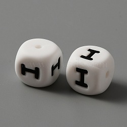 Food Grade Eco-Friendly Silicone Beads, White Cube with Black Letter, Letter.I, 12x12x12mm, Hole: 2mm(SIL-WH0001-41I)