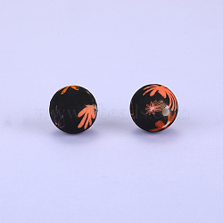 Printed Round with Flower Pattern Silicone Focal Beads, Black, 15x15mm, Hole: 2mm(SI-JX0056A-173)