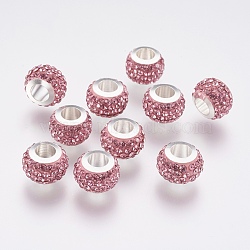 304 Stainless Steel European Beads, with Polymer Clay Rhinestone, Large Hole Beads, Rondelle, Light Rose, 11x7.5mm, Hole: 5mm(CPDL-E045-A02)