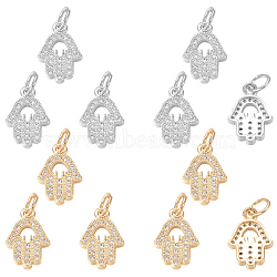 12Pcs 2 Colors Brass Micro Pave Clear Cubic Zirconia Charms, with Jump Rings, Hamsa Hand, Mixed Color, 13x9x2mm, Jump Ring: 5x0.7mm, Inner Diameter: 3.6mm, 6pcs/color(ZIRC-NB0001-77)