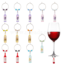 Resin Wine Bottle & Glass Beads Wine Glass Charms, with Brass Wine Glass Charms Ring, Mixed Color, 73mm, 12pcs/set(AJEW-GA00011)