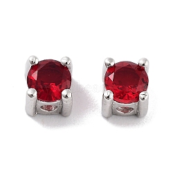 Rhodium Plated Real Platinum Plated 925 Sterling Silver Bead, with Cubic Zirconia, Flat Round, with S925 Stamp, Dark Red, 4x4x4mm, Hole: 1.2mm(STER-H111-05P-02)