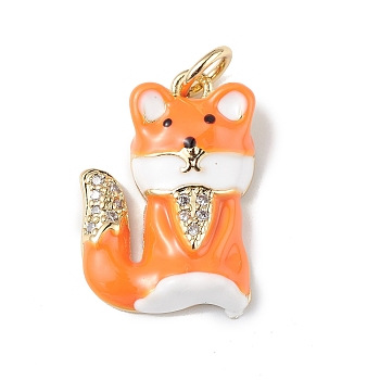 Rack Plating Brass Micro Pave Cubic Zirconia Pendants, with Enamel & Jump Ring, Lead Free & Cadmium Free, Long-Lasting Plated, Fox Charm, Real 18K Gold Plated, Orange, 18.5x13x4mm, Hole: 3.5mm