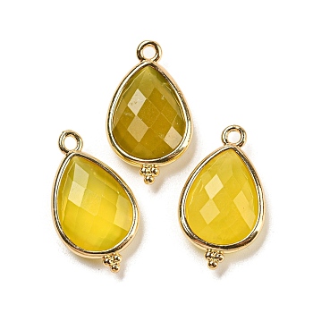 Natural Korea Jade Faceted Pendants, Rack Plating Golden Plated Brass Teardrop Charms, 21x12x5mm, Hole: 1.6mm