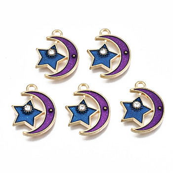 Alloy Enamel Pendants, with Crystal Rhinestone with Glitter Powder, Cadmium Free & Lead Free, Purple Moon with Blue Star, Light Gold, Colorful, 18x14x2mm, Hole: 1.6mm