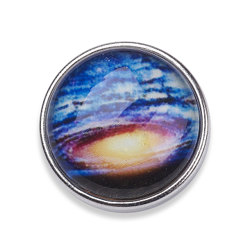 Brass Buttons, Jewelry Snap Buttons, with Luminous Glass Cabochon, Starry Sky Pattern, Flat Round, Platinum, Royal Blue, 18x10mm, Knob: 5.5mm