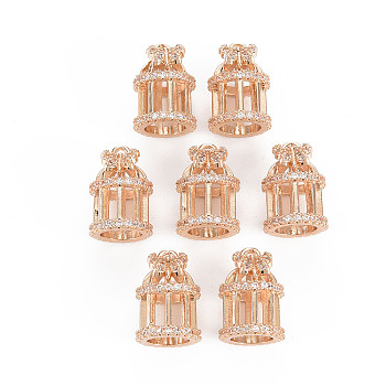 10Pcs Rack Plating Brass Micro Pave Clear Cubic Zirconia Pendants, Long-Lasting Plated, Cadmium Free & Lead Free, Birdcage, Light Gold, 15x10.5mm, Hole: 1.5mm