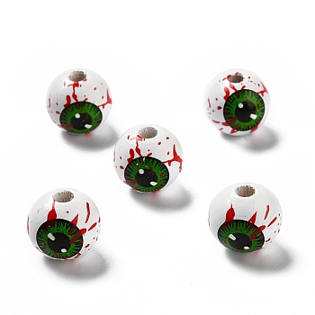 Halloween Spray Painted Wood Beads, Round with Green Bloody Eyes Pattern, White, 15.5~16x14.5~15mm, Hole: 4mm