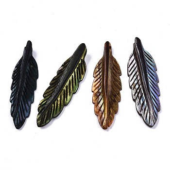 Natural Freshwater Shell Pendants, Dyed, Carved, Feather, Mixed Color, 42~43x12~13x4.5mm, Hole: 1.5mm