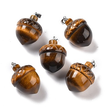Natural Tiger Eye Pendants, with Rack Plating Brass Findings, Cadmium Free & Lead Free, Real Platinum Plated, Acorns, 29x20~21mm, Clasp: 5x4mm