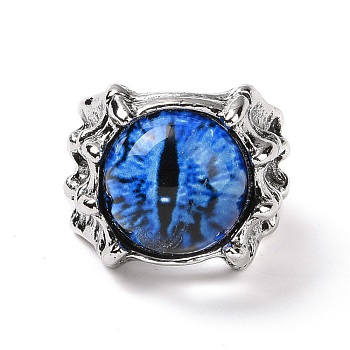 Dragon Eye Glass Wide Band Rings for Men, Punk Alloy Dragon Claw Open Ring, Antique Silver, Dodger Blue, US Size 8(18.1mm)