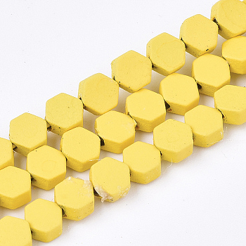 Spray Painted Non-magnetic Synthetic Hematite Beads Strands, Hexagon, Yellow, 4.5x4x2mm, Hole: 1mm, about 90pcs/strand, 15.7 inch