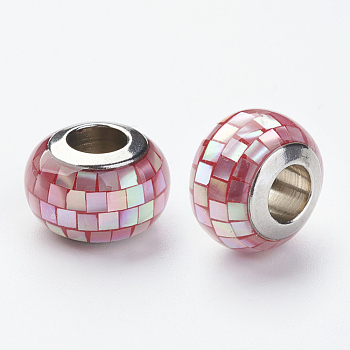 304 Stainless Steel Resin European Beads, with Shell and Enamel, Rondelle, Large Hole Beads, Pale Violet Red, 12x8mm, Hole: 5mm