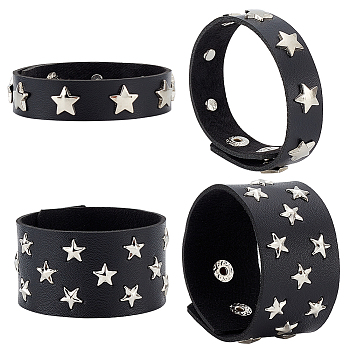 4Pcs 2 Style Imitation Leather Wide Cord Bracelets Set, Platinum Iron Star Rivet Studded Punk Rock Bracelets for Men, Black, 8-1/2~9-1/2 inch(21.5~24cm), 2Pcs/style