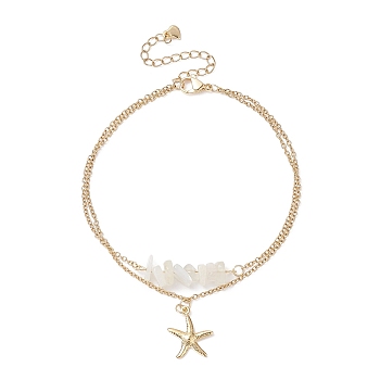 Natural White Moonstone Chips Beaded & Starfish Charms Double Layer Multi-strand Bracelet, Stainless Steel Jewelry for Women, Golden, 9-3/8 inch(23.7cm)