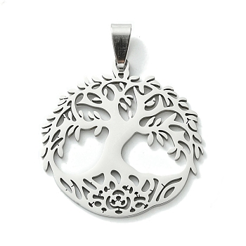 201 Stainless Steel Pendants, Flat Round with Tree of Life Charm, Stainless Steel Color, 35.5x34.5x1.5mm, Hole: 8x4mm