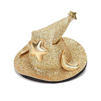 Halloween Imitation Leather Hair Accessories, with Iron Alligator Hair Clips Findings, Hat with Star, Gold, 72x37mm