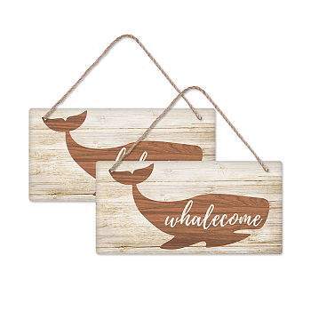 Natural Wood Hanging Wall Decorations, with Jute Twine, Rectangle, Colorful, Whale Pattern, 15x30x0.5cm