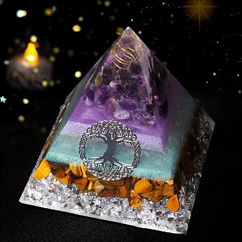 Tree of Life Orgonite Pyramid Resin Energy Generators, Reiki Natural Mixed Gemstone Chips Inside for Home Office Desk Decoration, 60x60x60mm