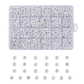 Plating Acrylic Beads, Silver Metal Enlaced, Horizontal Hole, Flat Round with Letter, White, Letter A~Z, 1728pcs/box