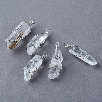 Natural Quartz Crystal Pendants, Rock Crystal, Point Pendants, with Iron Wires, Platinum, 25~32x7~10x7~10mm, Hole: 2mm