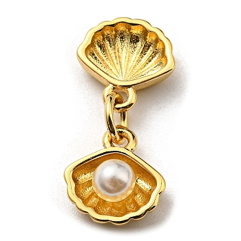 Brass Charms, with Plastic Imitation Pearls and Jump Ring, Long-Lasting Plated, Lead Free & Cadmium Free, Shell Charm, Real 18K Gold Plated, 10mm