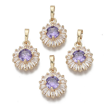 Brass Micro Cubic Zirconia Charms, with Snap on Bails, Flat Round, Light Gold, Lilac, 15x12x5mm, Hole: 6x4mm