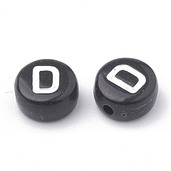 Opaque Acrylic Beads, Horizontal Hole, Alphabet Style, Flat Round, Letter.D, 7x4mm, Hole: 1.5mm, about 3700pcs/500g