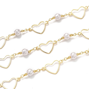 Handmade Brass Link Chains, with Acrylic Imitation Pearl and Spool, Long-Lasting Plated, Soldered, Heart, Golden, Links: 12x20.1x1mm and 18.5x6.7mm