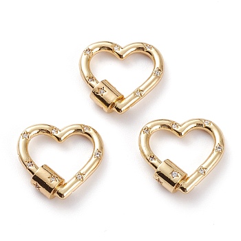 Brass Micro Pave Clear Cubic Zirconia Screw Carabiner Lock, Heart with Star, Golden, 21x22x6mm