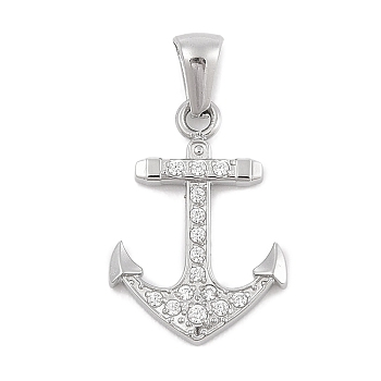 304 Stainless Steel Micro Pave Cubic Zirconia Pendants, Anchor Charm, Stainless Steel Color, 22x12.5x2.5mm, Hole: 3x6mm